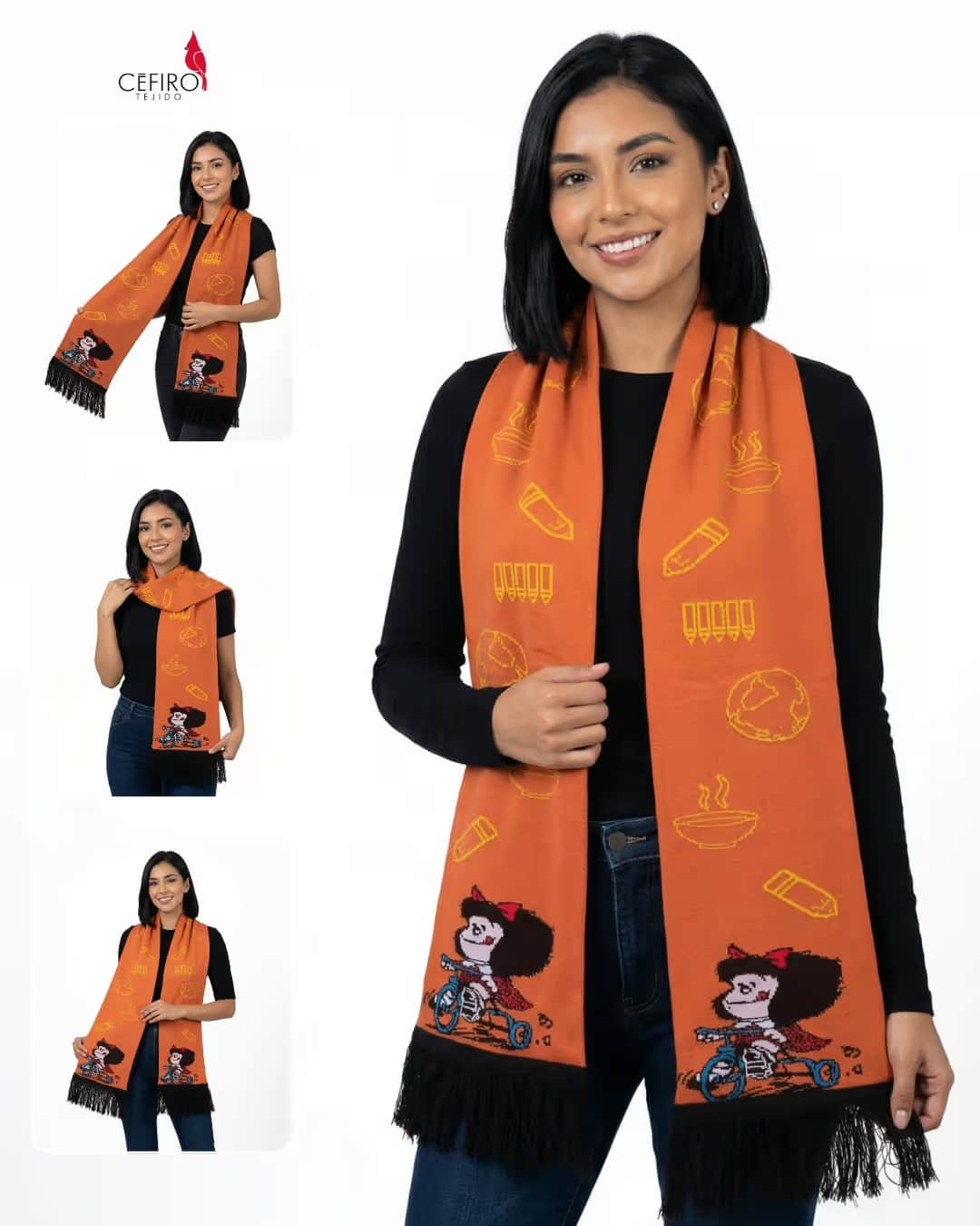 Modelo usando bufanda Mafalda triciclo tejido premium Cefiro Tejido