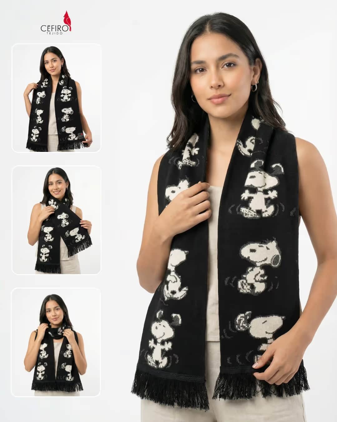 Bufanda Snoopy mosaico negra tejida premium Cefiro Tejido