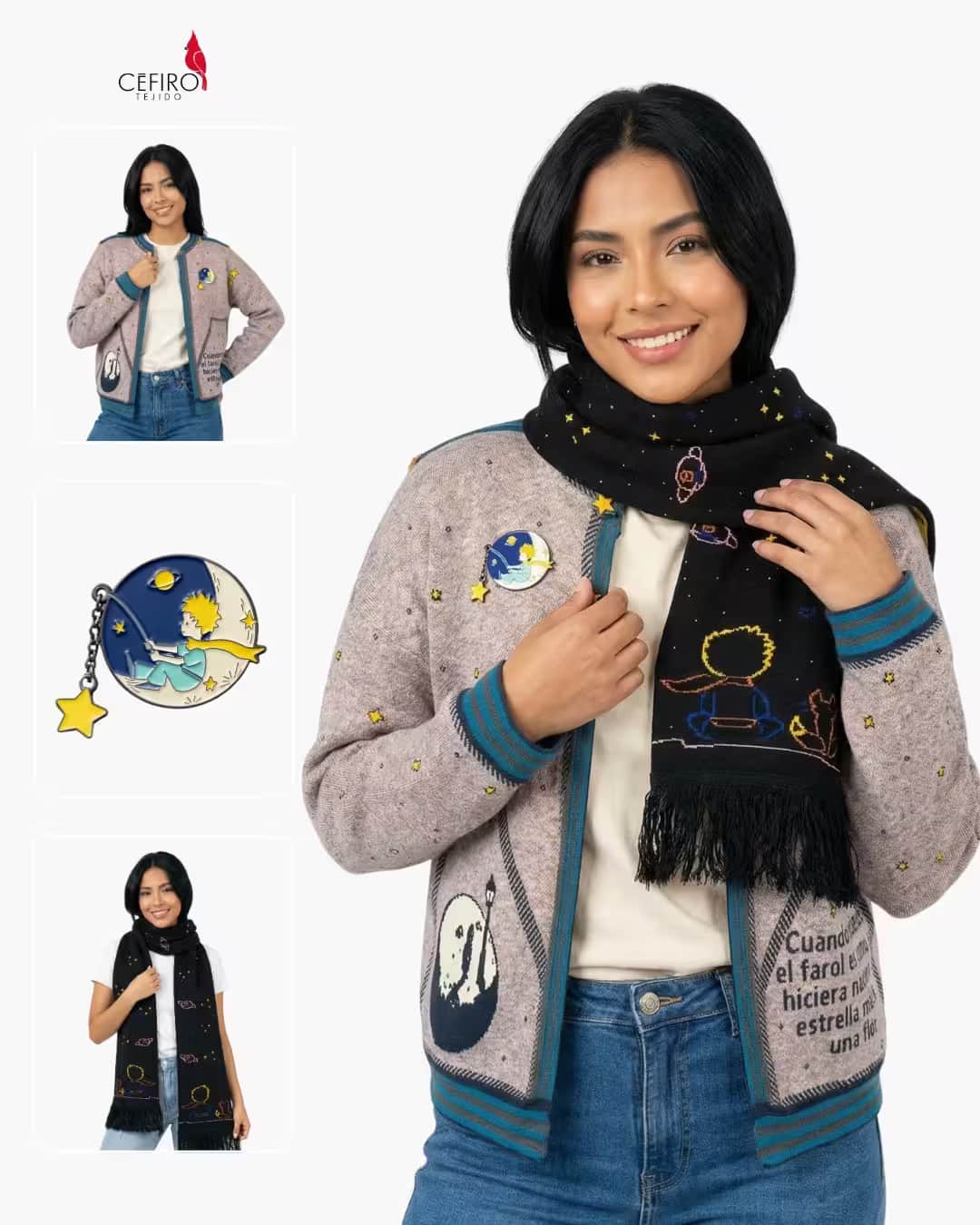 Combo Principito cardigan faro bufanda galaxia pin Cefiro Tejido