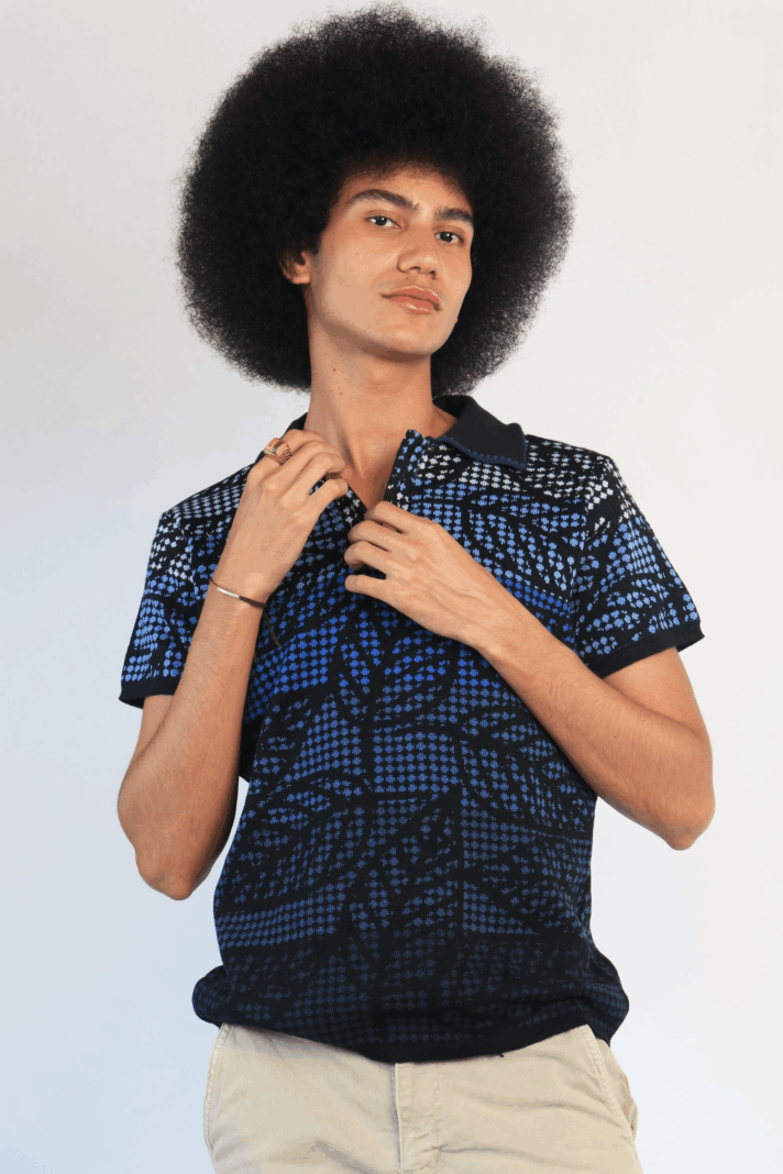CAMISA POLO TEJIDA/HOJAS AZUL